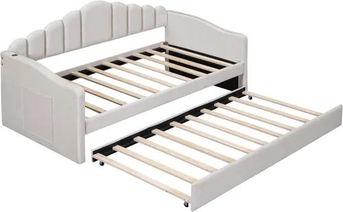 Vista 5 de Bellemave Cama diurna tamaño twin con nido para adultos, niños, niñas, adolescentes, camas diurnas con nido para sala de estar, terciopelo, beige