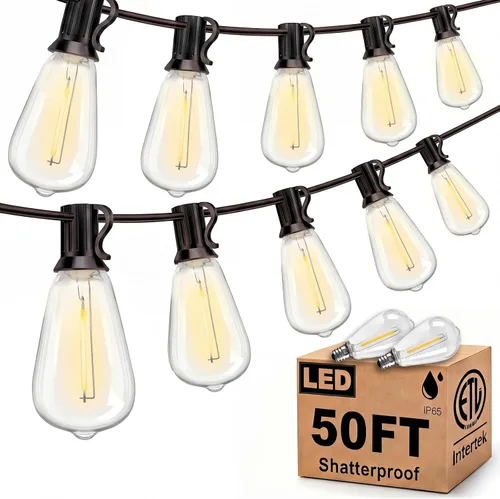 Vista 11 de 25FT LED Outdoor String Lights, ST38 Patio Lights Waterproof with 25 Shatterproof Edison Bulbs, Connectable Outside Hanging Light for Porch, Garden