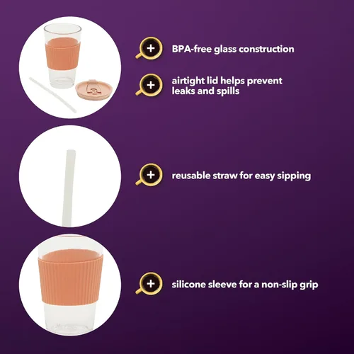 Vista 3 de Mr. Coffee Sip Savvy - Paquete de 4 vasos de vidrio rosa rubor de 15 onzas con tapas y pajillas, reutilizables para café helado, aptos