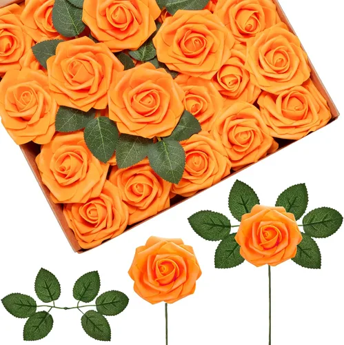 Vista 23 de InnoGear Flores artificiales, paquete de 50 unidades, rosas artificiales de espuma negras con tallos a granel para decoración, ramos de boda DIY