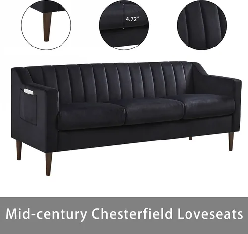 Vista 4 de Sofá Chesterfield de terciopelo moderno, sofá grande de 3 asientos, muebles de sofá de 76 pulgadas, cómoda funda tapizada con marco de madera y Negro