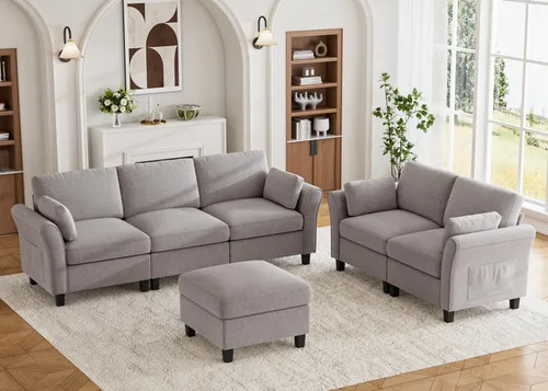 Vista 17 de Legend Vansen Sofá modular seccional, cómodo sofá modular en forma de U de 6 asientos con espacio de almacenamiento y diván, sofás seccionales Crema