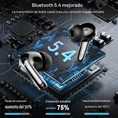 Vista 2 de Auriculares inalámbricos, auriculares Bluetooth 5.4, micrófono con cancelación de ruido ENC con graves estéreo, auriculares de reproducción de 40