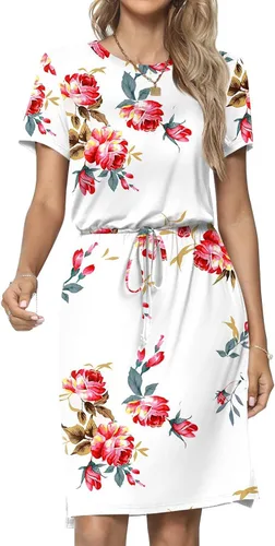 Vista 4 de JeashCHAT Womens Summer Mini Dresses Floral Printed Short Sleeve Sundress Casual Beach Dresses with Pockets