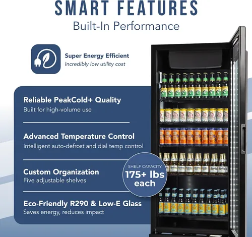 Vista 4 de PEAKCOLD + Refrigerador vertical de 1 puerta - Refrigerador comercial negro de 19.2 pies cúbicos de bajo consumo con puerta de vidrio