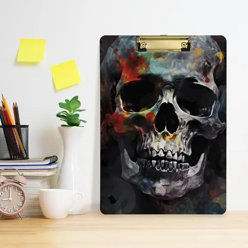 Vista 6 de Vnurnrn Portapapeles de plástico de calaveras coloridas con gancho tamaño A4 12,5 x 9 pulgadas clip de oro para la oficina de dibujo
