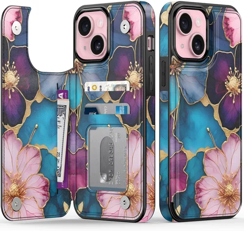 Vista 160 de FUNMIKO Funda tipo cartera para iPhone 15 con tarjetero + clip para efectivo, bloqueo RFID, protección contra caídas de grado militar y obras