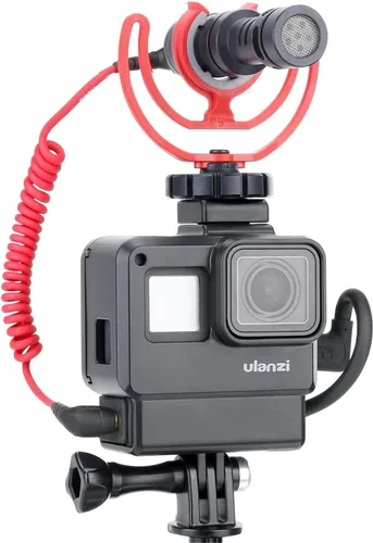 Vista 4 de V2 - Carcasa para vlogging con micrófono, soporte para zapata fría, compatible con GoPro Hero 7 6 5, adaptador de audio de micrófono, accesorios