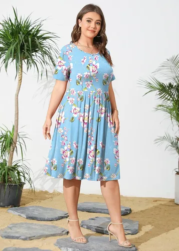 Vista 4 de POSESHE - Vestido de verano para mujer, talla extragrande, casual, manga corta, cintura imperial, corte holgado, vuelo, estilo camiseta y bolsillos