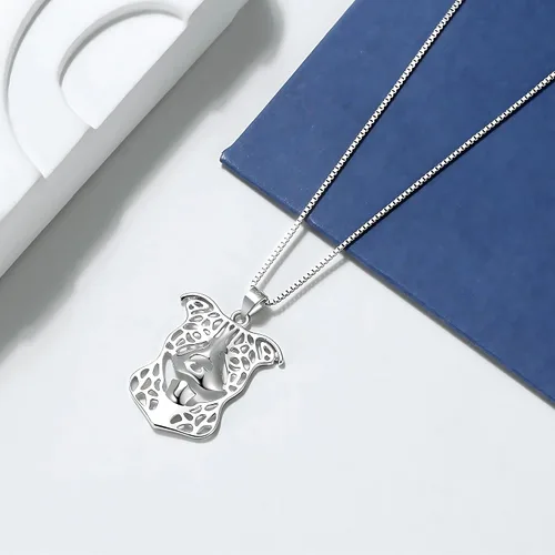 Vista 3 de Pitbull - Juego de collar de plata de ley y aretes colgantes por Ginger Lyne Ears Down Puppy Dog Pet Pendant Box Chain Doggie Animal Paw Print Heart
