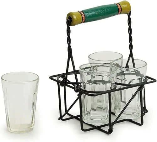 Vista 3 de ExclusiveLane "The Railway Nostalgia" - Vasos de té con soporte de hierro (juego de 4, 4.1 fl oz), vasos Chai de corte con soporte, estilo indio