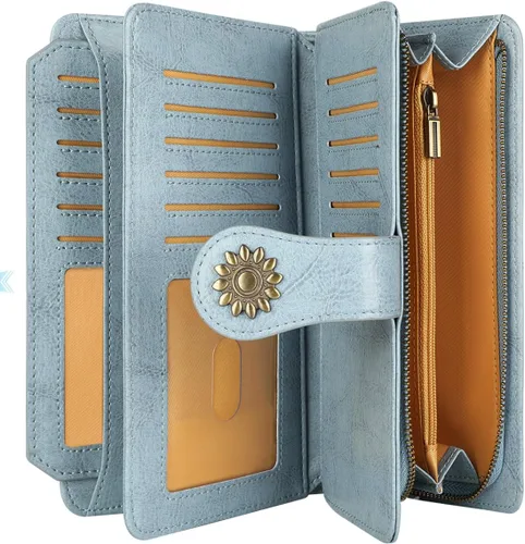 Vista 3 de Lavemi - Cartera de piel con bloqueo RFID para mujer, de gran capacidad, para llevarla a la muñeca