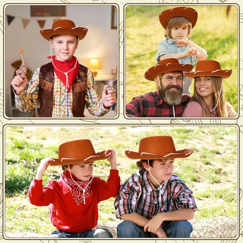 Vista 4 de Coume 20 sombreros de vaquero para niños, sombreros de fieltro para disfraz de cumpleaños de Halloween del oeste (marrón)