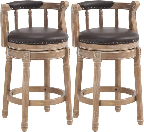 Vista 11 de RAINMOOD Taburetes de bar giratorios de cuero genuino beige mostrador de barra de madera con reposapiés para cocina, comedor, sala de estar