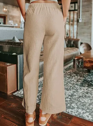 Vista 2 de Dokotoo Pantalones largos de estilo palazzo con bolsillos para mujer, cintura alta, elástica, pierna ancha, holgados, para el trabajo, 2024