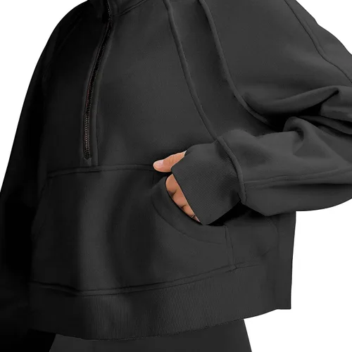 Vista 3 de LAMOER Womens Hoodie Pullover Sweatshirts Peachskin Velvet Half-Zip Crop Hooded Fleece Lined Collar Zip Up Cropped Hoodies