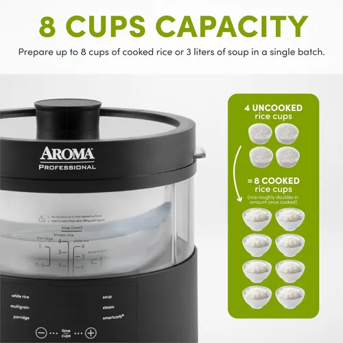 Vista 6 de Aroma Housewares Multicooker SmartCarb profesional de 8 tazas (cocidas) y vaporizador de alimentos con bloqueo de sabor para arroz y granos bajos