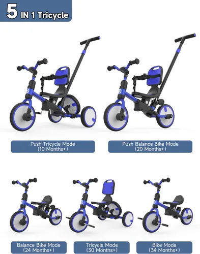 Vista 2 de besrey Triciclo para niños pequeños con rueda de repuesto, bicicleta para niños de 1 a 3 años, triciclo 5 en 1 para niños con asa de empuje