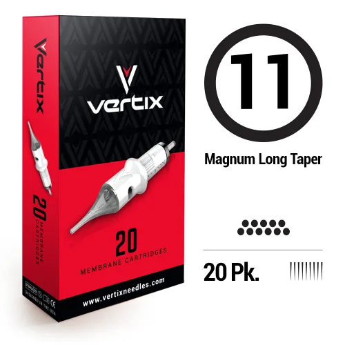 Vista 2 de Vertix - 11 Magnum - Paquete de 20 cartuchos de máquina de tatuaje de membrana - Punta desmontable transparente, minimiza la vibración de la máquina