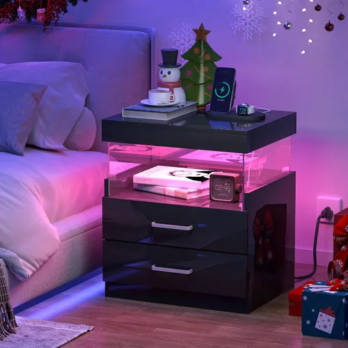 Vista 2 de WelFurGeer Mesita de noche de alto brillo, mesita de noche LED negra con estación de carga, mesita de noche con cajones, mesitas de noche modernas
