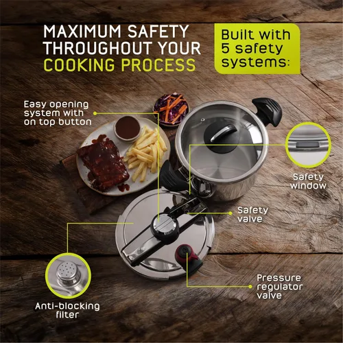 Vista 3 de Universal Olla a presión Silver Express de 6.3 cuartos de galón + tapa de vidrio extra (15 PSI/100 kPa) con sistema de apertura fácil, olla a