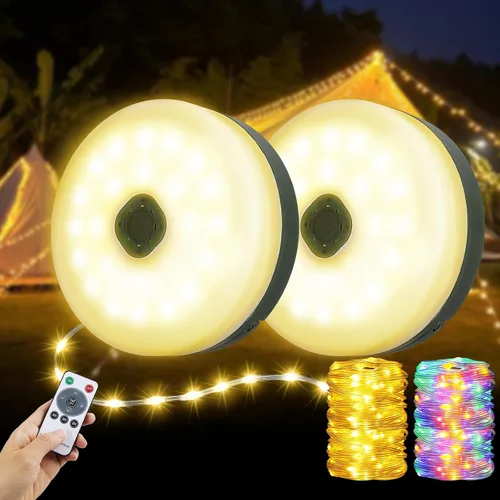 Vista 11 de Cadena de luces de campamento de 33 pies, 100 LED, 4 en 1, recargable, 100 LED, para exteriores, con 14 modos de iluminación, control remoto