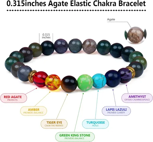 Vista 2 de BOYODER Pulsera elástica de cuentas elásticas de 7 chakras de piedra de ágata y turquesa de 0.315 pulgadas para mujeres y hombres, piedra natural