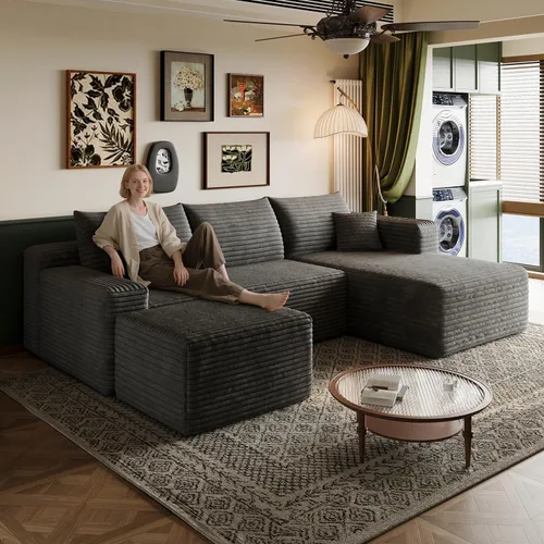 Vista 27 de Sofá modular en forma de L de 96 pulgadas con diván, moderno y cómodo sofá de pana para sala de estar, sofá de espuma viscoelástica, no requiere
