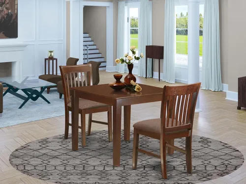 Vista 2 de East West Furniture OXNO3-MAH-C - Juego de mesa de comedor de 3 piezas contiene una mesa de cocina cuadrada y 2 sillas de comedor tapizadas de tela