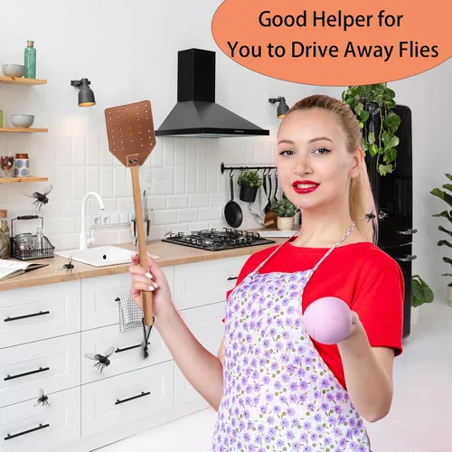 Vista 6 de DEBETOOL Juego de matamoscas – Paquete de 2 matamoscas de cuero de madera con cuerda para colgar, matamoscas resistente para interiores y exteriores