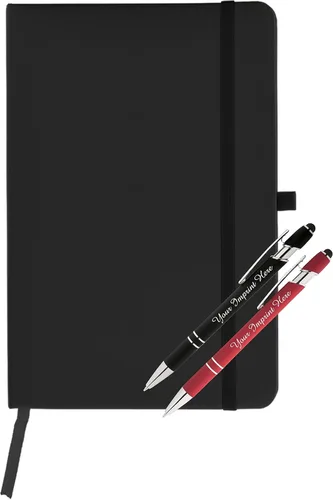 Vista 10 de ExpressDesigns™ - Juego de regalo de bolígrafos personalizados con diario - 2 bolígrafos de metal suave al tacto con cuaderno - Grabado Negro