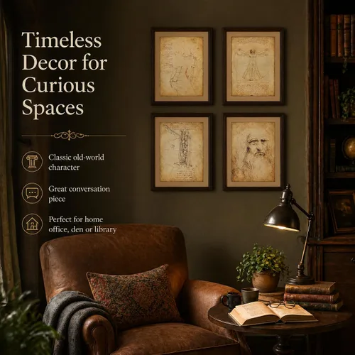 Vista 2 de Impresiones artísticas originales de Leonardo da Vinci – Gran decoración de aula de ciencias y oficina en casa, accesorios para dormitorio