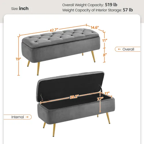 Vista 3 de Yaheetech - Banco otomano de almacenamiento para dormitorio, banco de Gris-oscuro