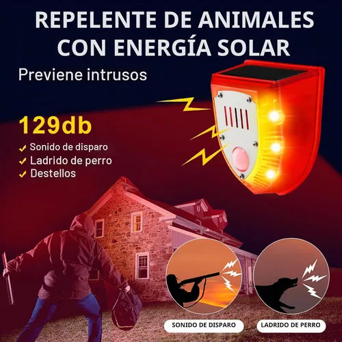 Vista 3 de Qualirey Detector de movimiento de alarma solar con sensor de movimiento al aire libre de 129 db, luz estroboscópica para perro, detector de alarma