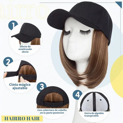 Vista 3 de Hairro Peluca de gorra de béisbol con cabello adjunto, corto estilo Bob ajustable, extensiones de cabello sintético para mujeres, balayage
