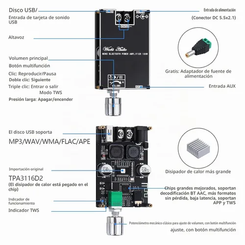 Vista 5 de ZK-1001B Amplificador Bluetooth 100W Mono AMP Mini Módulo de Amplificador de Audio de Potencia con Función de Emparejamiento de Caja TWS, Entrada