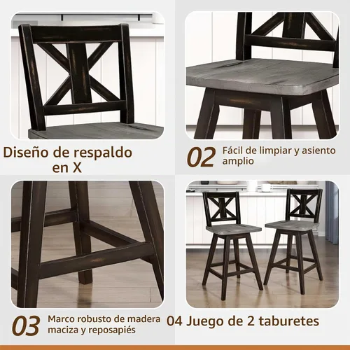 Vista 4 de Homelegance Juego de 2 taburetes de altura de mostrador - Marco de madera maciza, taburetes de madera giratorios de 360°, reposapiés, respaldo en X