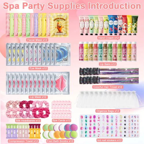 Vista 2 de 144 piezas de suministros de fiesta de spa para niñas y mujeres, los recuerdos incluyen máscaras faciales, cuidado de la piel, crema de manos