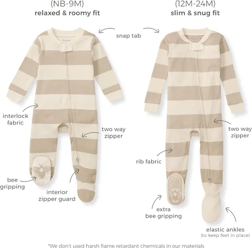 Vista 3 de Burt's Bees Baby Pijamas para bebés, 100% algodón orgánico, mameluco de una sola pieza, con cremallera, pijama de ajuste cómodo