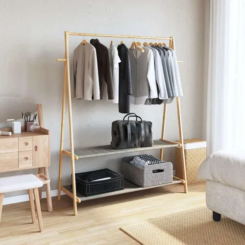 Vista 2 de Natural Bamboo Clothes Rack Foldable with Two Shelves, 52.0 in x 17.9 in x 59.3 in, Sturdy Eco-Friendly Storage Organizer for Indoor Outdoor Use