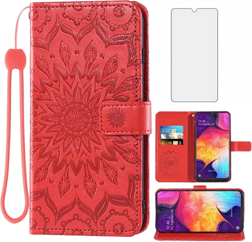 Vista 9 de Funda de teléfono para Samsung Galaxy A50 con protector de pantalla de vidrio templado, funda magnética de cuero, soporte para tarjetas, accesorios