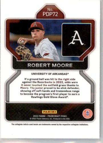 Vista 2 de Tarjeta de intercambio de béisbol Panini Prizm Draft Picks #72 Robert Moore RC Rookie Arkansas Razorbacks