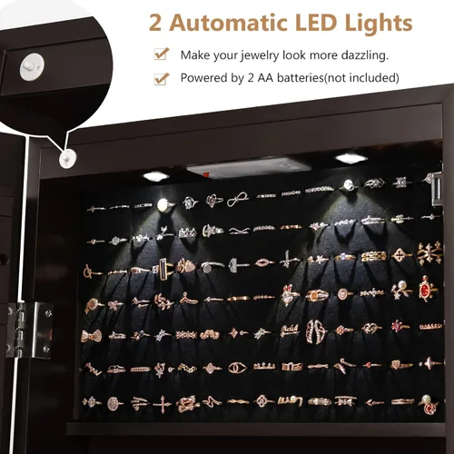 Vista 4 de COSTWAY Armario de joyería con espejo organizador de joyas montado en la pared con espejo de longitud completa y 2 luces LED armario de joyería