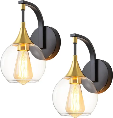 Vista 14 de Juego de dos apliques de pared negros, lámpara de pared moderna con pantalla de vidrio transparente, accesorios de iluminación de tocador de baño