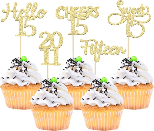 Vista 39 de Gyufise Paquete de 24 adornos negros para cupcakes de 10.º cumpleaños con purpurina negra 10 Ten Hello 10 Dights dobles desde 2015 para decoraciones