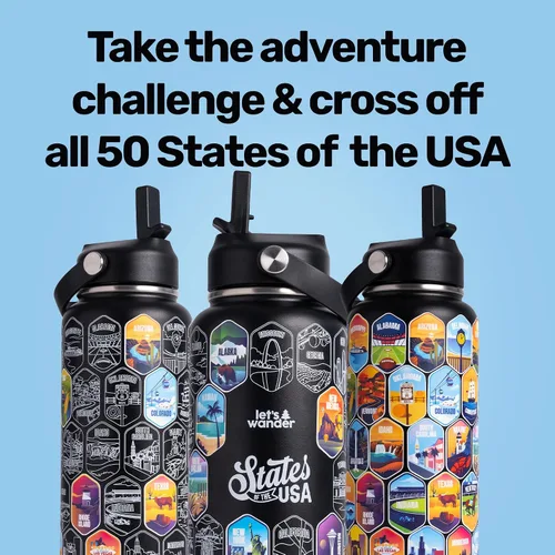 Vista 4 de LET'S WANDER Lets Wander 50 States - Botella de agua con calcomanías impermeables, acero inoxidable aislado a prueba de fugas de 32 onzas