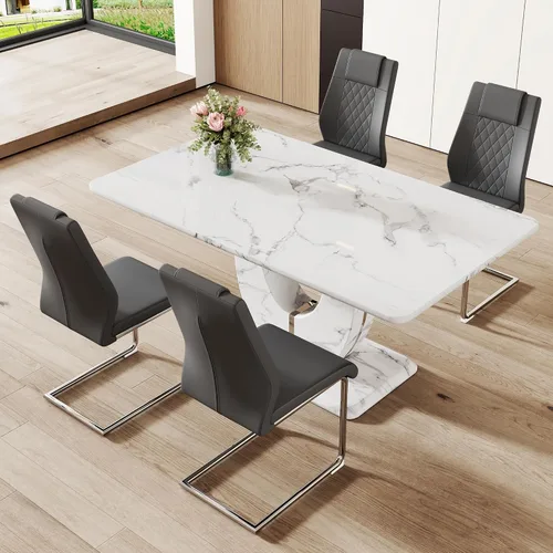 Vista 116 de JUFU Juego de mesa de comedor moderno para 4, juego de mesa de cocina rectangular de 63 pulgadas con mesa de mármol sintético y 4 sillas tapizadas