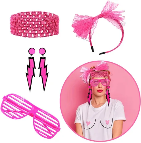 Vista 5 de WILDPARTY Accesorios de disfraz de los años 80 para mujer, 19 piezas, vestido retro de fiesta de los años 80, guantes de red, calentadores