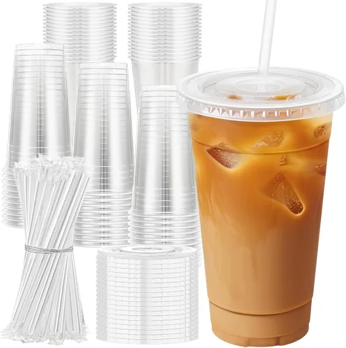 Vista 11 de Lamosi Paquete de 100 vasos de plástico transparente de 12 onzas con tapas y pajitas, tazas desechables para café helado con tapas para bebidas