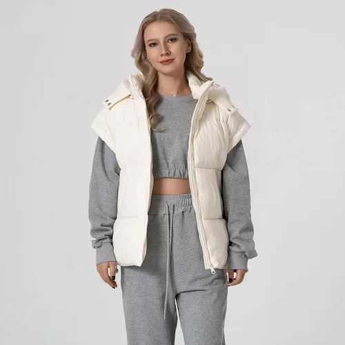 Vista 4 de Shiyifa Chaleco acolchado para mujer, chaqueta de gran tamaño, sin mangas, ligera, con cremallera, con capucha desmontable